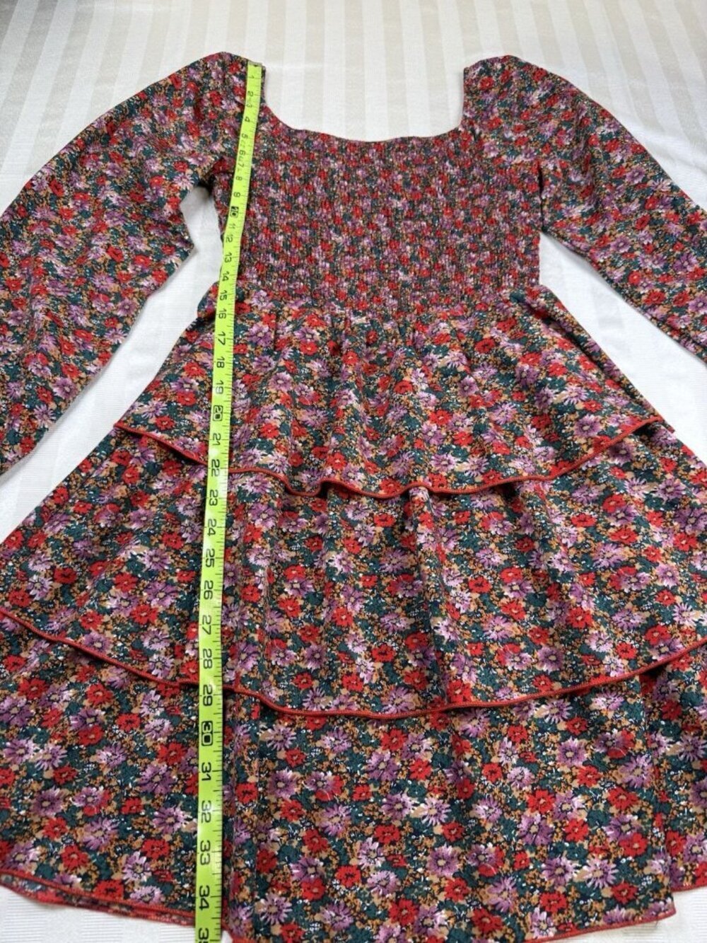 Floral Square Neck Smocked Dress 3 Ruffled Tiers SMALL, Red Lavender NWOT BTFBM - Picture 7 of 14